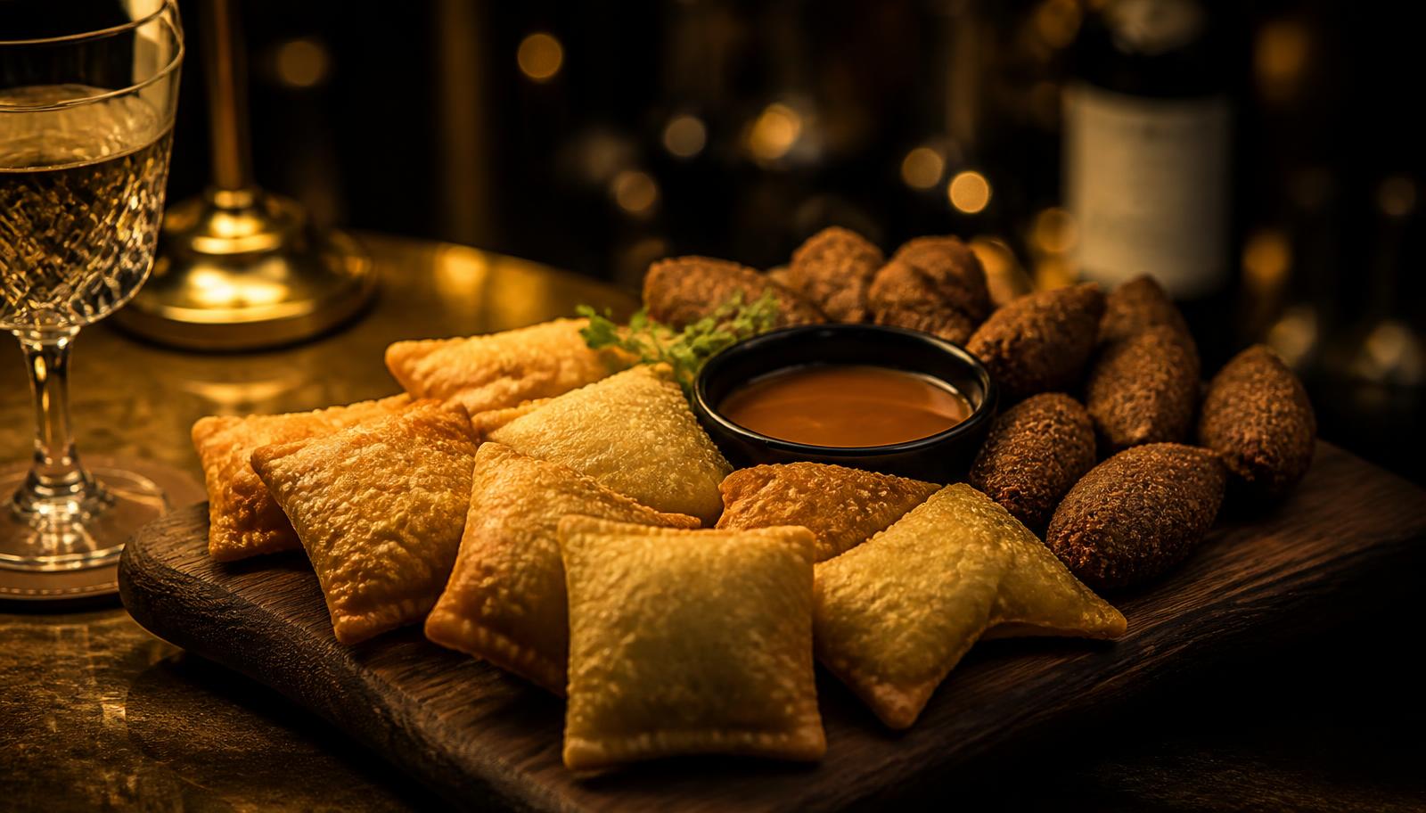 Mini pastéis e kibes para compartilhar.